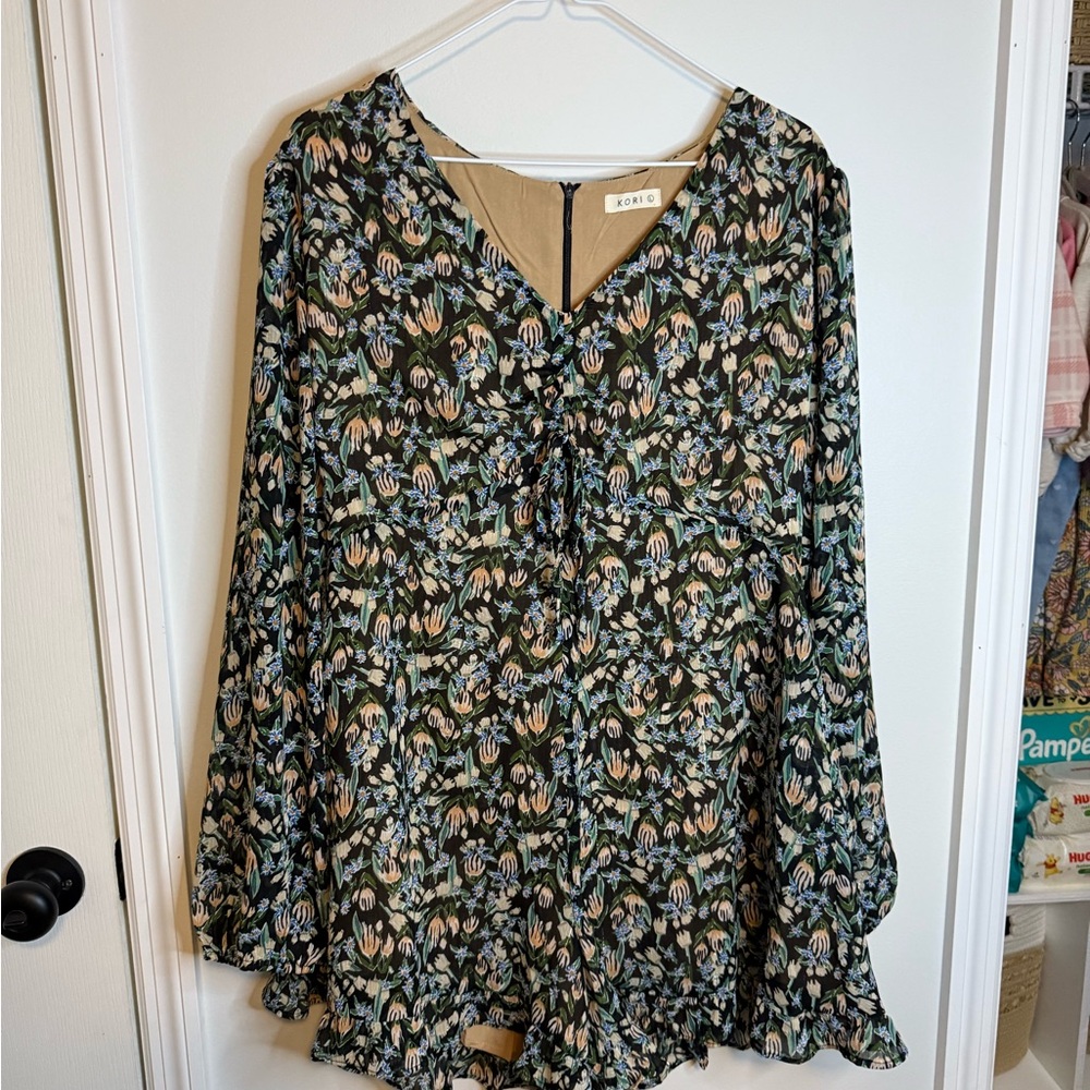 Kori Black Floral Long-Sleeve V-Neck Blouse